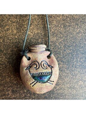 Raku Pottery Spirit Bottle Pendant Necklace Bird Petroglyph Art Glass Signed Mok